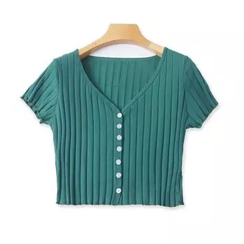 Summer Button New Arrival Fashion Midriff Outfit Slimming Shirt Dark green L