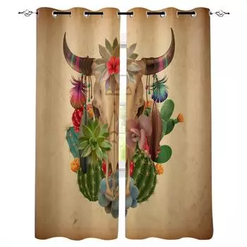 Summer Cactus Cow Skull Retro Blackout Curtains For Living Room Bedroom Printed Window Treatment Drapes Home Decor W135 x H60cm