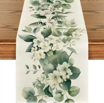 Summer Camellia Flower Linen Table Runner Spring Floral Leaves Dresser Scarf Table Decor Holiday Wedding Party Dining Room Decor 150x33cm 59x13inch бежевый