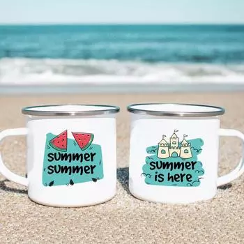 Summer Camp Mug Enamel Beach Campfire Present Hawaii Decor Enamel Mug Beach California Drink Juice Water Cocoa Milk Coffee Cup 360ml