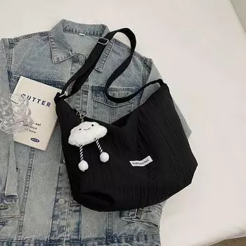 Summer Canvas Bag Women s 2025 New Arrival Easiest for Match Student Shoulder Messenger Bag Korean Style Large Capacity Commuter Tote Black without pendant