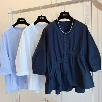 Summer Casual Blouse Women s O-neck Short Sleeve Korean Fashion Solid Color Loose Button Up Ladies Tops Shirts XXXL