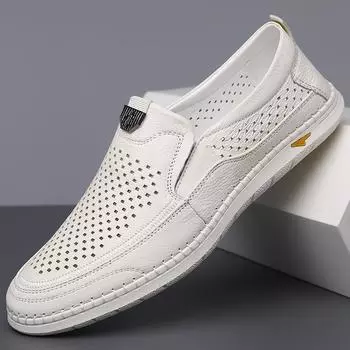 Summer casual leather shoes fashionable wear-resistant soft-soled driving shoes hollow first layer cowhide men s casual shoes single shoes 2024 38 белый