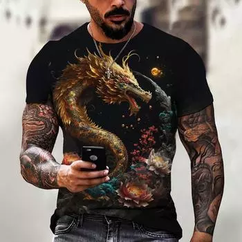 Летняя повседневная мужская одежда с принтом дракона, модная футболка с короткими рукавами и принтом животных, футболка оверсайз, уличные топы S