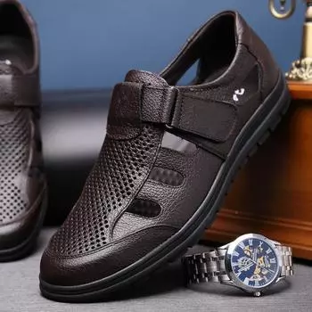 Summer casual middle-aged and elderly sandals men s breathable leather shoes hollow hole dad shoes soft sole first layer cowhide 38 чёрный