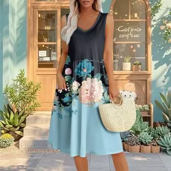 Summer Casual Midi Dresses For Women Vocation Elastic Waist Sleeveless Knee Length Sundress With Pockets Loose Fit XXL розовый