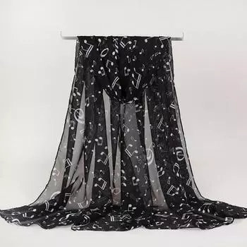 Summer Casual Shawl Soft Chiffon Scarves Fashion Fabulous Elastic Scarf High Quality Women Lady Musical Note Print Neck Scarf One Size чёрный