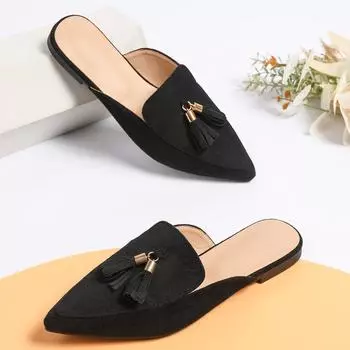 Summer casual style new fashion single shoes pointed head flat bottom bag head large size tassel 35 чёрный
