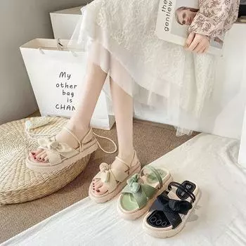 Summer casual thick-soled bow cross belt simple cool slippers female cute two wear beach slippers 35