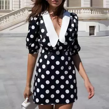 Summer Casual Women s Print Lapel Dress S чёрный