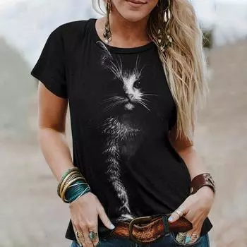 Summer Cat Printed Urban Women s Casual Pullover Loose Printed Short Sleeved T-shirt L