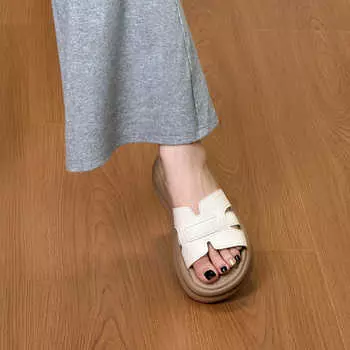 Summer champagne thick-bottomed one-word drag women s summer outer wear non-slip casual woven beach cool slippers 35