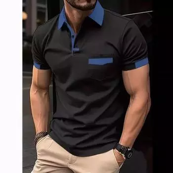 Summer Chest Pocket Color Blocked Top for Men s Daily Casual Lapel Polo Shirt Men’s M чёрный