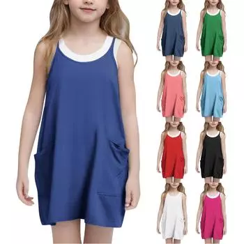 Summer Children s Casual Cuffless Pocket Sundress With Thin Straps Short Girls Dress 120 армия зеленый