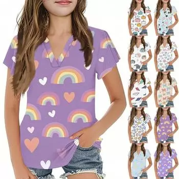 Summer Children s Casual Fashion Short-Sleeved V-Neck Cute Printed Girls Top 150 белый