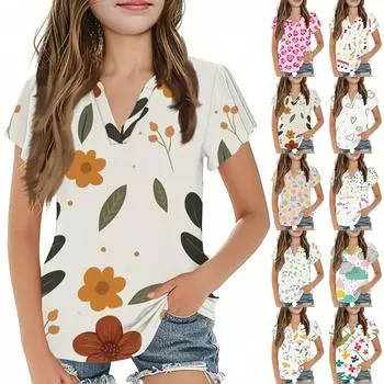 Summer Children s Casual Fashion Short-Sleeved V-Neck Cute Printed Girls Top 110 бежевый