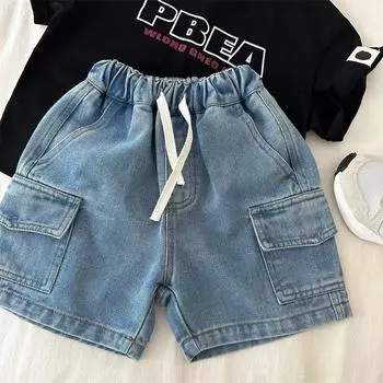 Summer Children s Girls and Boys Denim Shorts Elastic Waist Drawstring Solid Color Pocket Cargo Jeans Baby Boys Casual Shorts 140