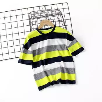 Летняя детская корейская версия новой детской футболки с коротким рукавом средней длины в полоску с круглым вырезом для мальчиков с коротким рукавом 120cm