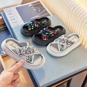 Летние детские тапочки с блестками для девочек, принцессы, уличные тапочки, мюли, модные детские пляжные тапочки с открытым носком и толстой подошвой 26 чёрный