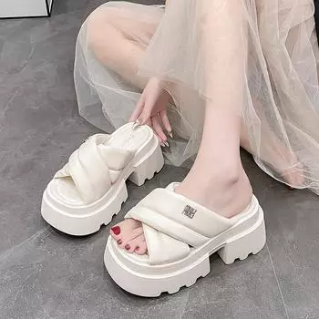 Summer Chunky Sandals Women s Thick Bottom Wedge Heels Slides 7.5CM High Heels Platform Leather Casual Beach Flip Flops Woman 35 чёрный