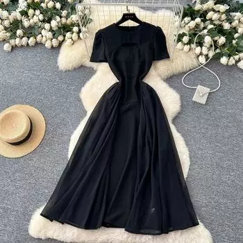 Summer Clothing French style Hepburn Style Retro Hollow Design round Neck Puff sleeve Waist Hugging Mesh Patchwork Black Dress Black XL