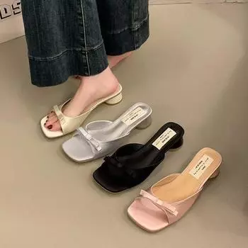 Summer comfortable soft bottom square head open-toed high-heeled slippers 2025 new fairy bow stiletto one-word 35