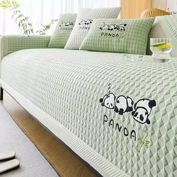 Summer Cool Feeling Sofa Cushion Light Luxury Ice Silk Sofa Cover Cartoon Panda Embroidered Sofa Cushion Living Room Home Decor 70x70