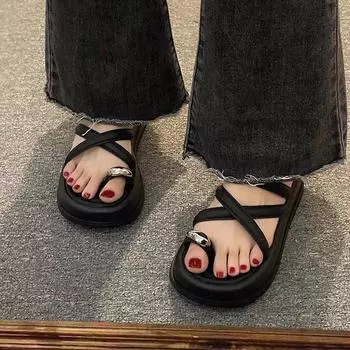 Summer cool slippers women wear new thick-soled heightening small beach shoes high-end set toe half slippers 35 чёрный