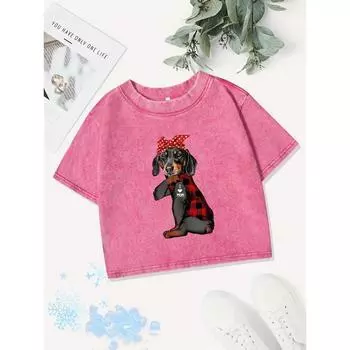 Summer Cotton Crop Tops Women Bow Dog I Love Mom Letter Prints Washed T-Shirts Regular Fit O-Neck Womans Clothes M