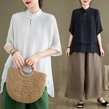 Summer Cotton Hemp Black White Simple Stand Up Collar with Pan Button Hoodie Double Layered Shirt Top for Women Blouses & Shirts M белый