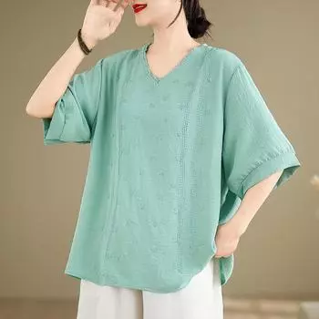 Summer Cotton Linen Embroidery Artistic Loose V-neck Short Sleeved Top T-shirt for Women M синий