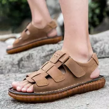 Summer cowhide bag head men s casual hollow hole leather sandals men s trendy leather driving soft sole non-slip Shoes 38