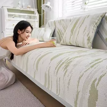 Summer Cream Style Sofa Cover Cloth Ice Silk Cold Feeling Sofa Cover Modern Stripe Anti-slip Sofa Cover Cool Bean Couch Cushion 70x70