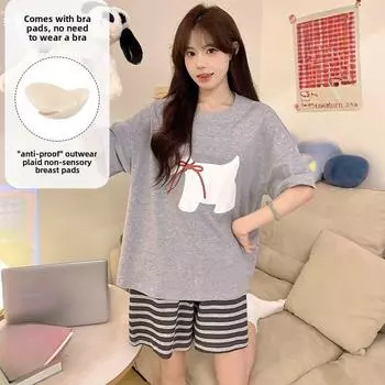 Summer cute cartoon print Pajamas Set for Women korean gray Short Sleeve T Shirt+Shorts Sleepwear Female Casual Pyjamas Homewear M