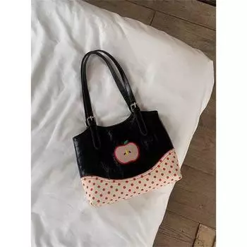 Summer Cute Girl Apple Polka Dot Handbag 2025 New Niche Design Commuter Shoulder Tote Bag Black