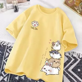Summer cute hamster style sweet print daily wear short sleeved T-shirt women s loose casual teenage student short sleeved top S жёлтый