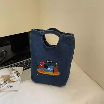Summer Cute Sausage Dog Embroidered Denim Hand-Carrying Bag Female 2025 New Arrival Summer Large Capacity Commuter Hand-Carrying Bag Dark blue