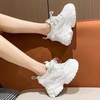 Summer Daddy Shoes Women s Shoes Heightened Thick-Soled Sneakers Fashion Breathable Comfortable Mesh Lace-up Casual Shoes 34 белый