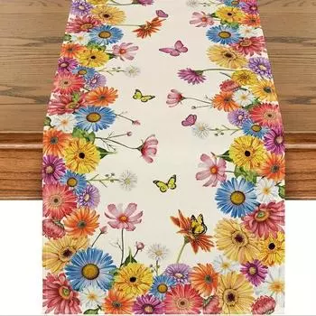 Summer Daisy Butterfly Linen Table Runner Fall Seasonal Festivities Dresser Scarf Table Decor Kitchen Dining Wedding Party Decor 150x33cm 59x13inch