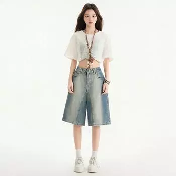 Summer Denim Shorts Women s Summer Loose Straight-leg Medium Pants Women s Summer Shorts XS