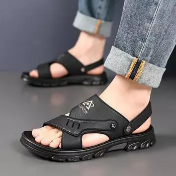 Summer Designer Men PU Leather Sandals Hook & Loop Outside Men Cow Leather Slippers Soft-soled Male Casual Sandals Non-slip 38 серый