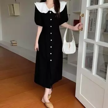 Летнее платье с кукольным воротником, женское французское платье с длинной юбкой, женская летняя модная женская одежда больших размеров XXXXXL чёрный