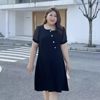 Summer Drape Round-neck Elegant Commuter Dress Slimming Women s Dress with Puffed Sleeves 2XL чёрный
