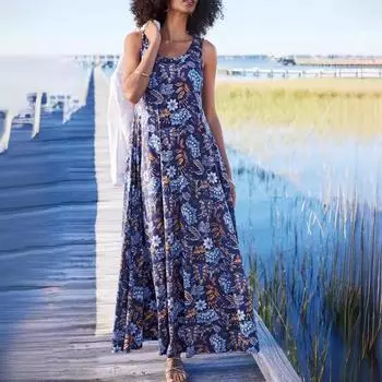 Summer Dress Elegant Long Round Neck Sleeveless A-line Floral Print Casual Dresses S синий