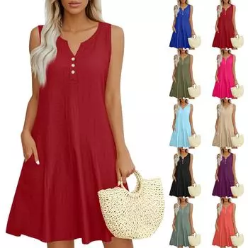 Summer Dresses Loose V Neck Sleeveless Sundresses Swimsuit Coverup With Pockets L