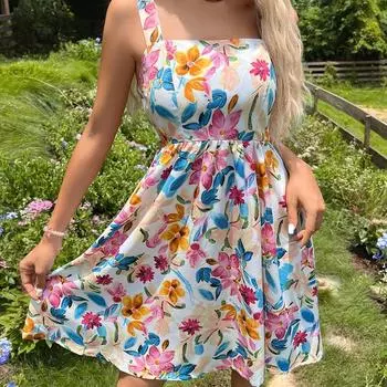 Летние платья Французские платья с бретельками на бретельках с принтом Корейская мода Сексуальная одежда Платье без рукавов Повседневные платья для женщин 2024 L