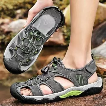 Summer elastic belt hollow sandals leather surface beach seaside river wading shoes bag head breathable mesh large shoes 38