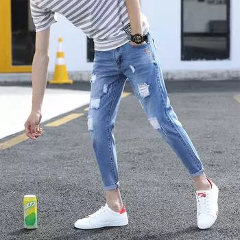 Summer Elastic Ripped Jeans for Men s New Fashion Slim Nine-point Pants for Men s Versatile Casual 27