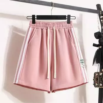 Summer Elastic Waist Shorts Women s Five-point Casual Straight-leg Pants Side-pulled High-waisted Thin Drawstring Pants M серый
