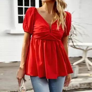 Summer Elegant Short Sleeve Blouse Women Casual Loose Pleated V-neck T-Shirt Female Y2k Sexy Retro Slim Beach Office Lady Tops S красный